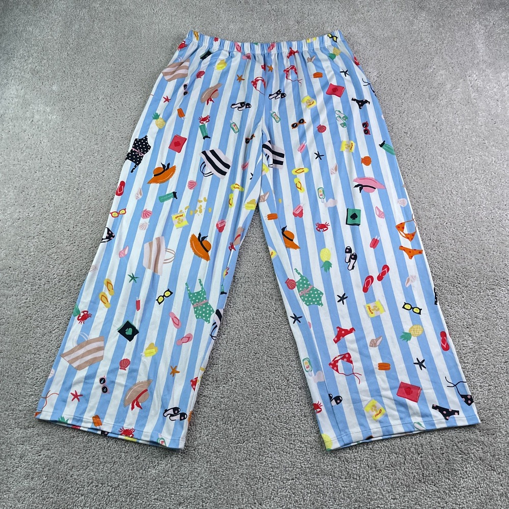 Kate Spade Pajama Pants Women Medium Blue Striped Beach Novelty Print Sleepwear